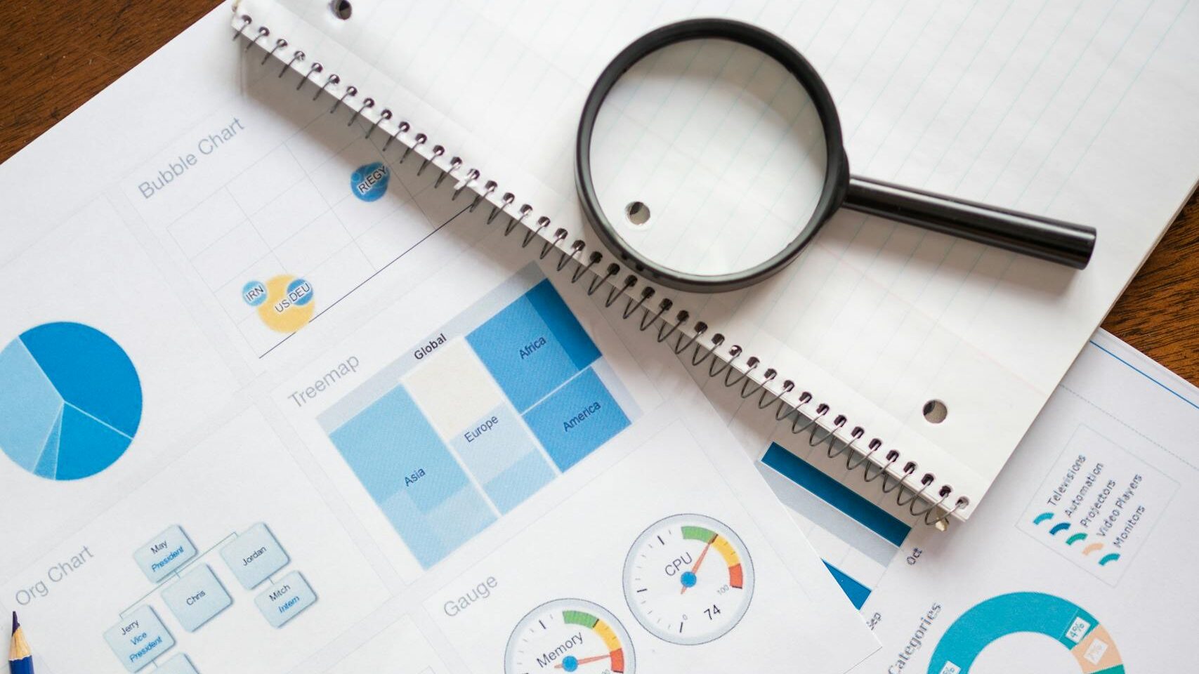 A set of financial charts and graphs with a magnifying glass, perfect for business reports.
